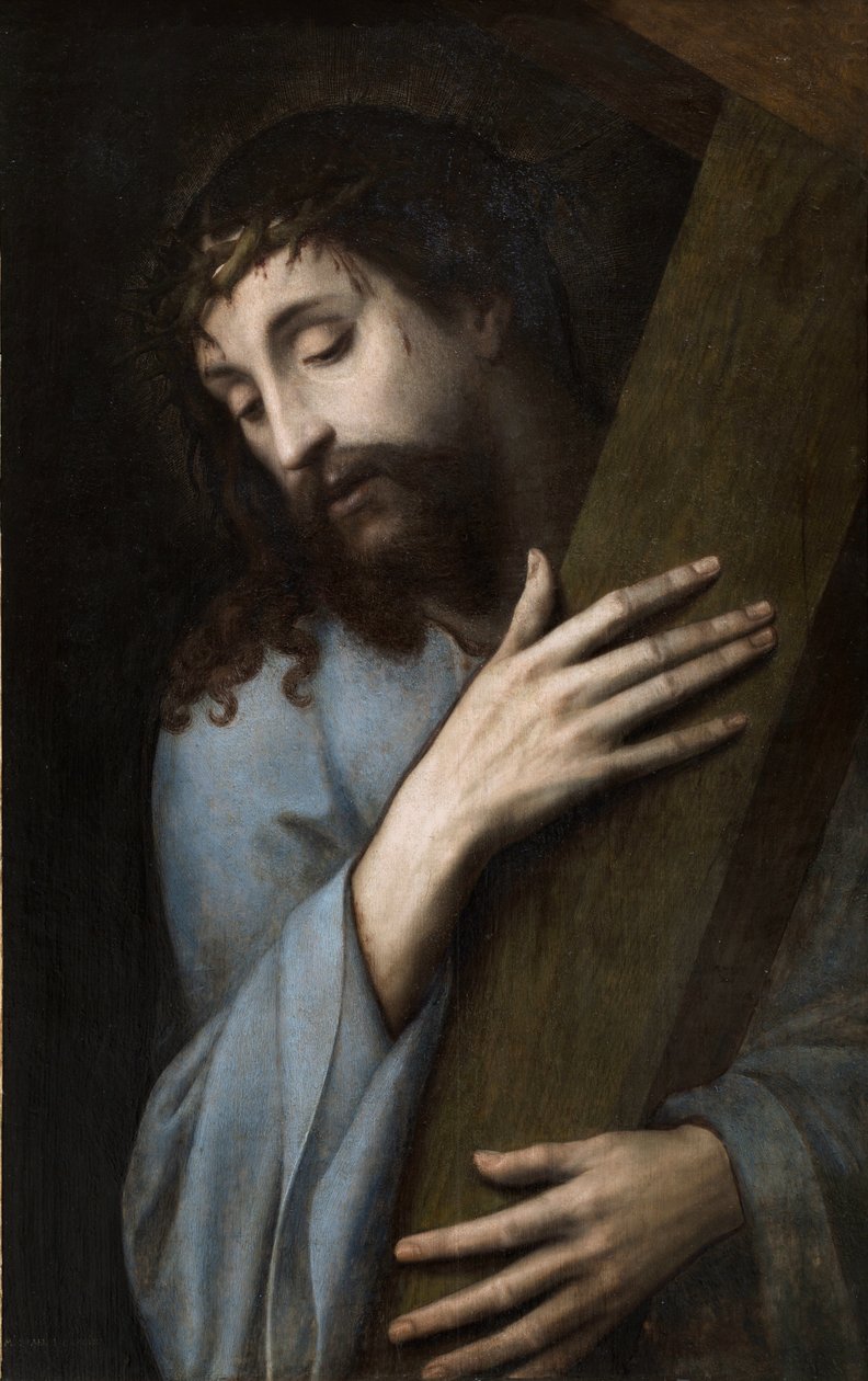 يسوع مع الصليب - Peinture de Michiel Coxcie (Coxie ، Coxien ، De Coxien ، De Coxcie ، Coxius ، Van Coxcie) (1499-1592) ، حوالي 1555 - زيت على خشب ، 81x50 - متحف برادو ، مدريد بواسطة ميشيل الأول كوكسي أو كوكسي