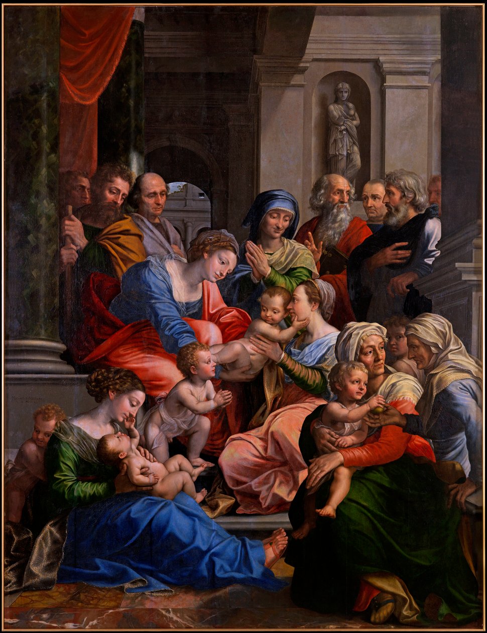 "La sainte Parente" (القرابة المقدسة) لوحة لمايكل كوكسي (ميشيل كوكسين) (De Coxien و De Coxcie و Coxius و Van Coxcie و Coxie) (1499-1592) 1540 زيت على خشب قاتم 245x191 سم دير كريسموينستر النمسا بواسطة ميشيل الأول كوكسي أو كوكسي