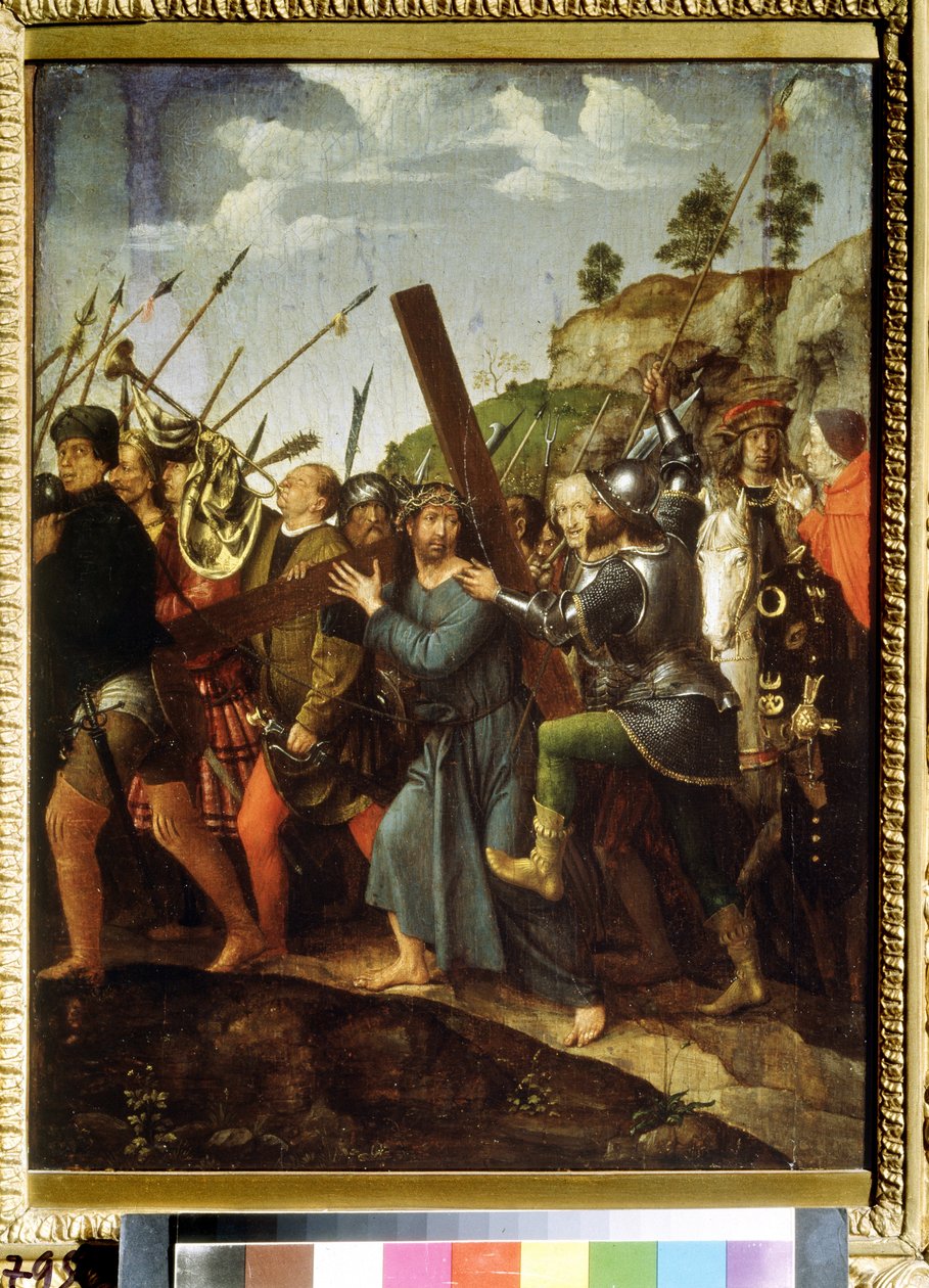المسيح يحمل الصليب. (المسيح يحمل الصليب). رسم مايكل سيتو (1460 أو 1468-1525). زيت على قماش ، 37.5 × 28.3 سم ، حوالي 1518-1525. الفن الهولندي ، عصر النهضة. متحف بوشكين للفنون الجميلة ، موسكو. بواسطة ميشيل سيتو