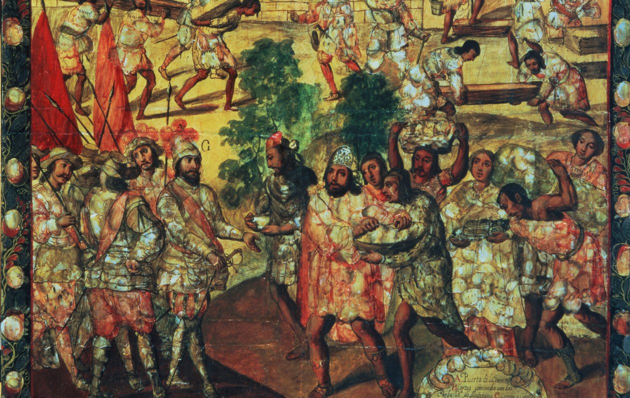 تفاصيل هرنان كورتيس (1485-1547) دخول سيمبوال واستقبال الزعيم غوردو (كواوتليبانا) الذي أعطى اللحوم ويعطي كل الإسبان بواسطة ميغيل جونزاليس