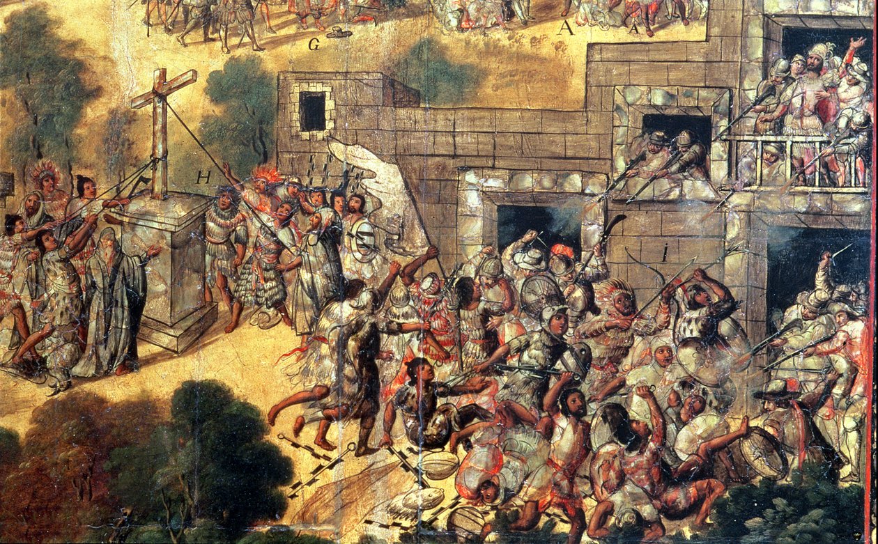 تفاصيل محاولة هدم الصليب في مواجهة الأصنام ورمي الحجارة وطلقات الأسهم ضد مونتيزوما (1466-1520) 1698 (زيت على لوح) بواسطة ميغيل جونزاليس