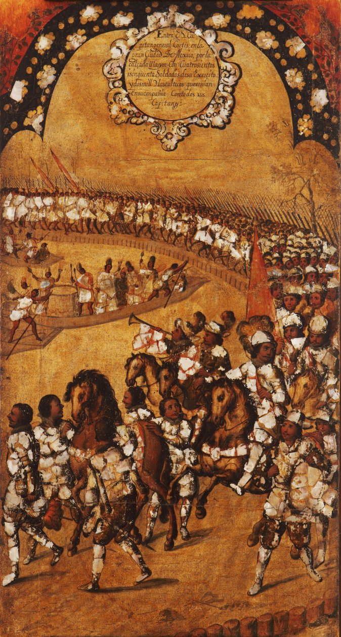 غزو المكسيك ، اللوحة التاسعة ، حوالي ١٦٩٦-١٧١٥ (طلاء على الخشب) بواسطة ميغيل جونزاليس