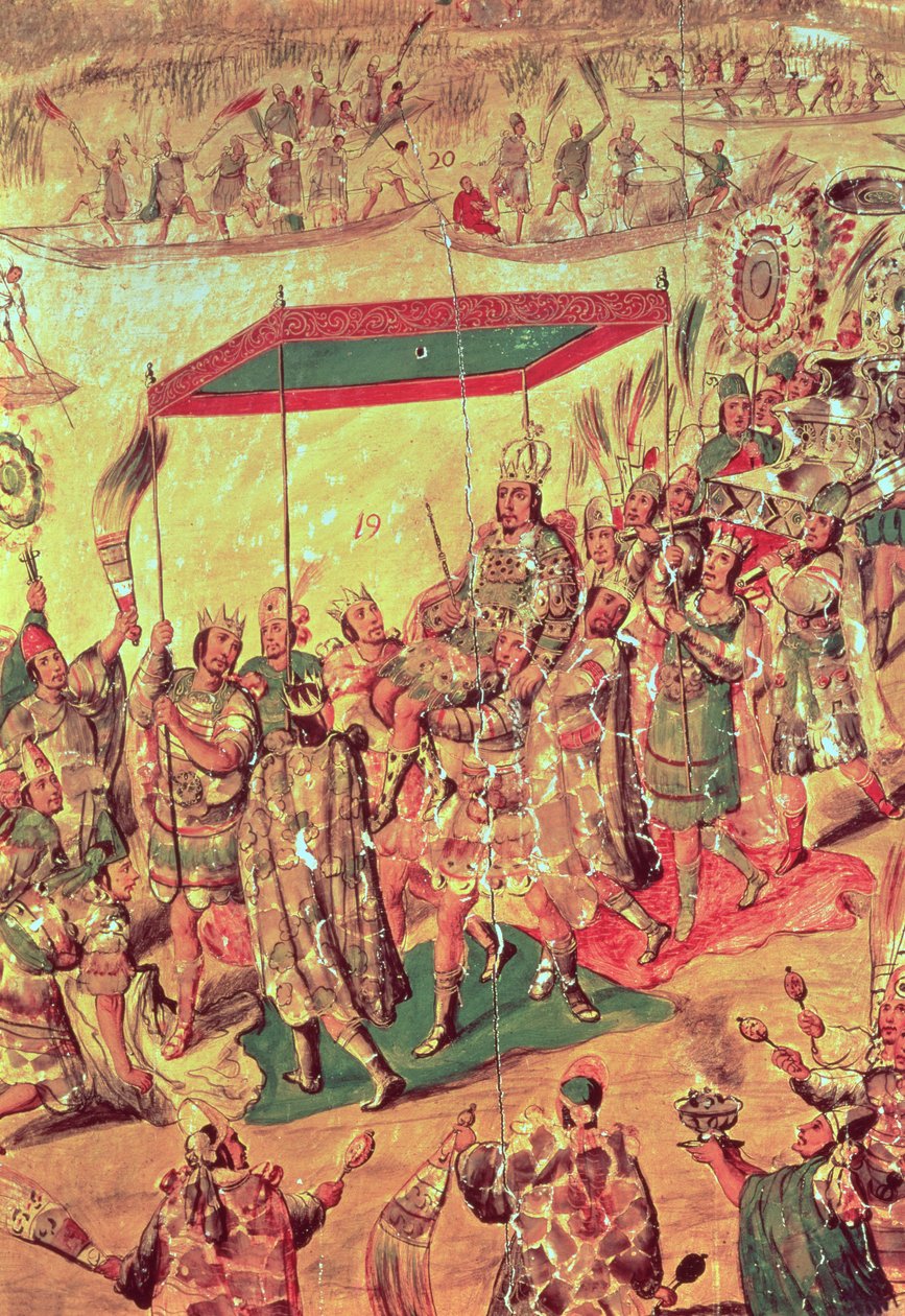 ترحيب مونتيزوما (1466-1520) بالتفصيل من لوحة تصور "غزو المكسيك بواسطة هرناندو كورتيس (1485-1547) 1698 بواسطة ميغيل جونزاليس