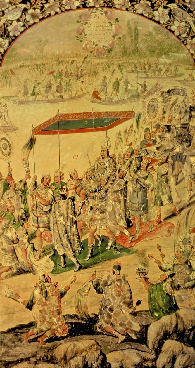 واحدة من زوج من اللوحات التي تصور اللقاء بين هيرناندو كورتيس (1485-1547) ومونتيزوما (1466-1520): مونتيزوما وأتباعه ، 1698 بواسطة ميغيل وخوان جونزاليس