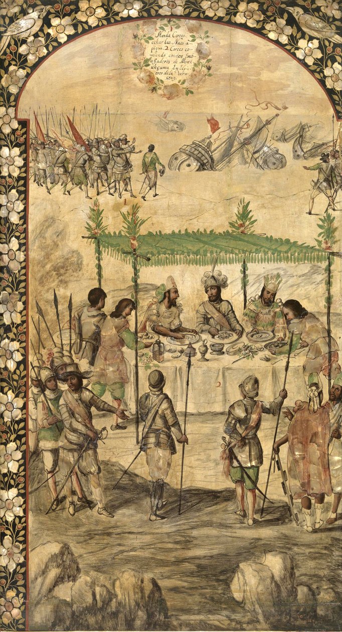 يأمر بتدمير السفن ولقاء سفراء مونتيزوما (Moctezuma ، Moteuczoma ، Motecuhzoma) (1466-1520) في 1520 - غزو المكسيك من قبل Hernan Cortes par Gonzalez و Miguel and Juan (نهاية القرن السابع عشر). زيت على خشب ، الحجم: بواسطة ميغيل وخوان جونزاليس