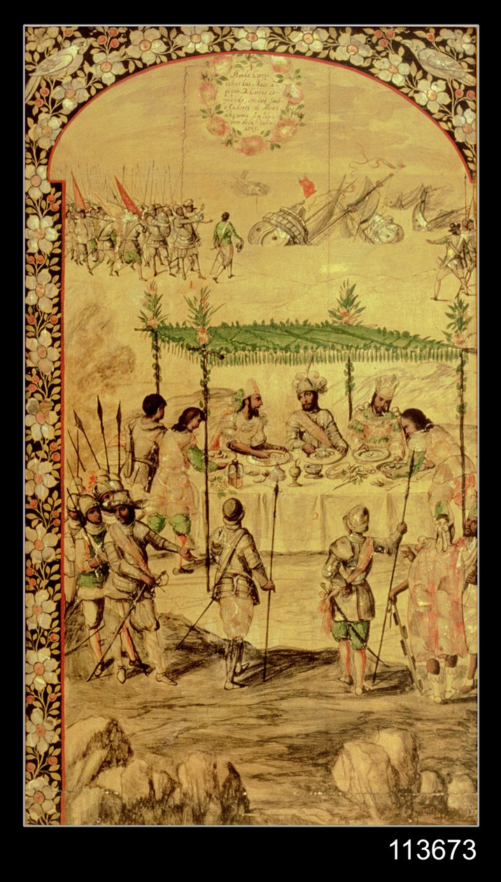 غزو المكسيك: هرناندو كورتيس (1485-1547) يأمر بتدمير السفن ويلتقي بسفراء مونتيزوما (1466-1520) في 1520 بواسطة ميغيل وخوان جونزاليس