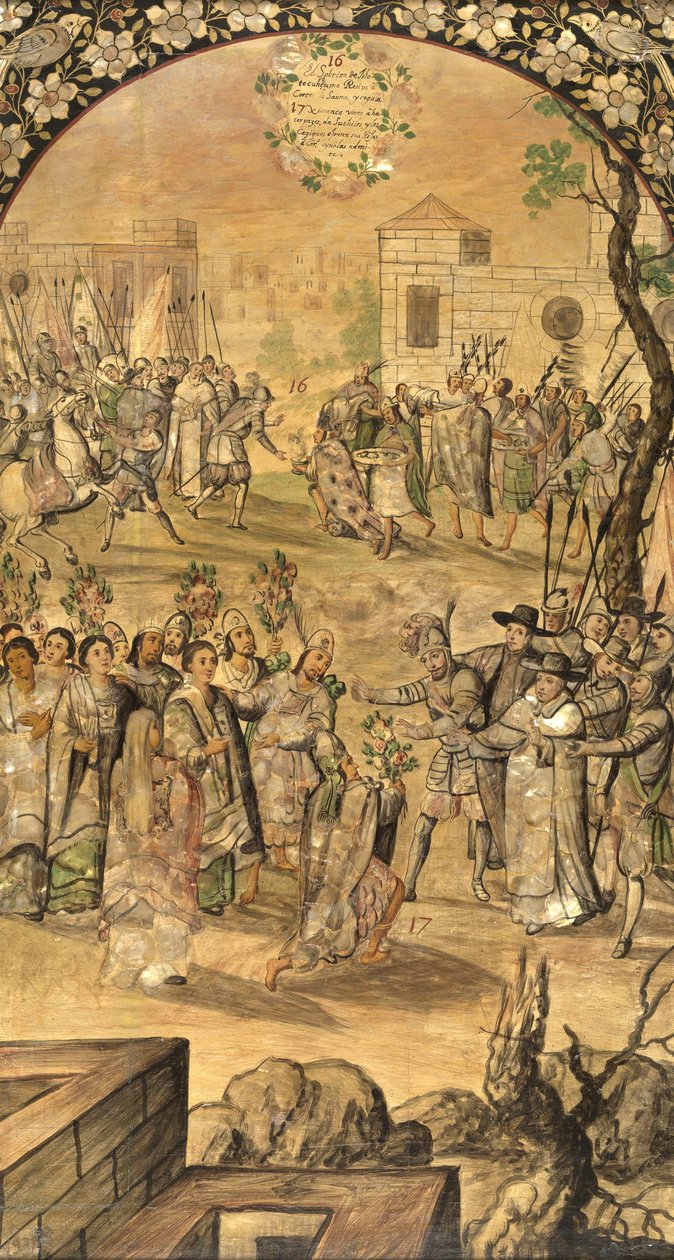 غزو المكسيك من قبل هرنان كورتيس بار غونزاليس وميغيل وخوان (نشط نهاية القرن السابع عشر). زيت على خشب ، مقاس: ٩٧ × ٥٣ بواسطة ميغيل وخوان جونزاليس