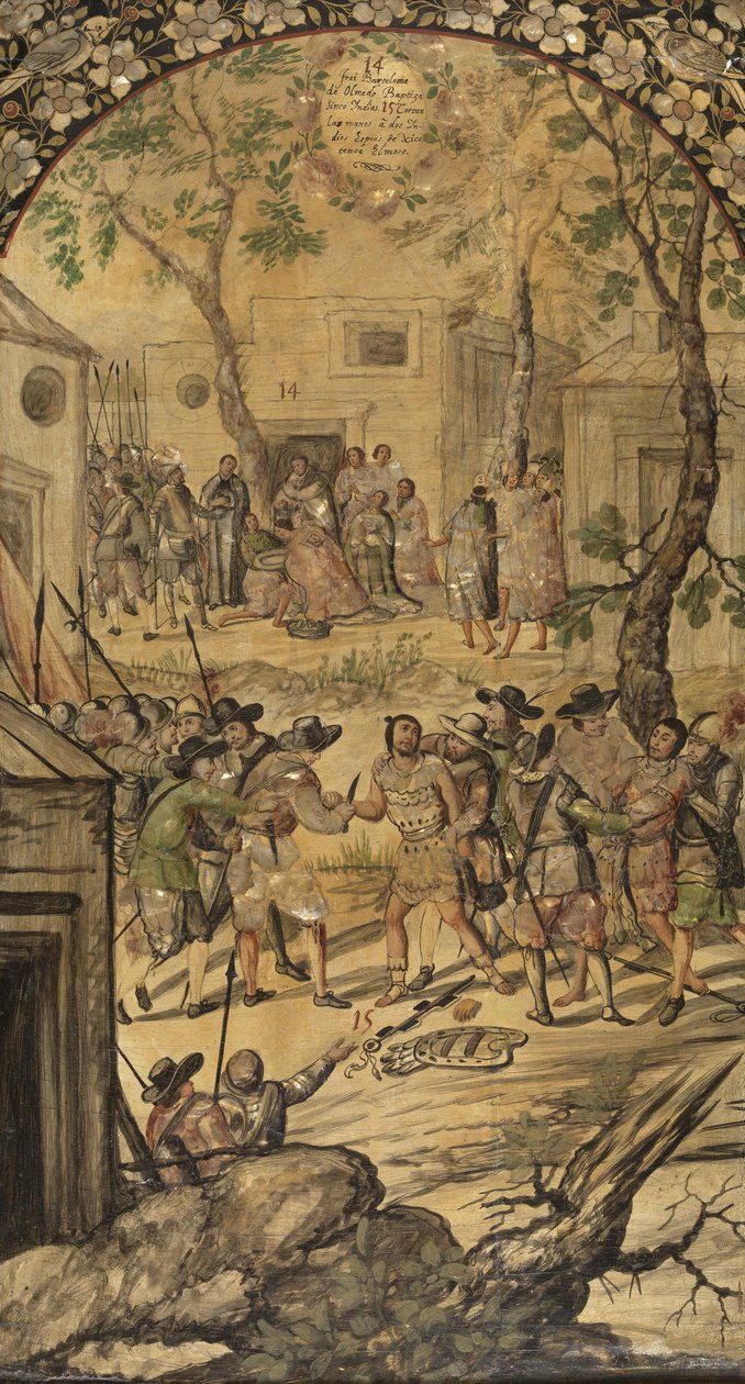 غزو المكسيك من قبل هرنان كورتيس بار غونزاليس وميغيل وخوان (نشط نهاية القرن السابع عشر). زيت على خشب ، مقاس: ٩٧ × ٥٣ بواسطة ميغيل وخوان جونزاليس