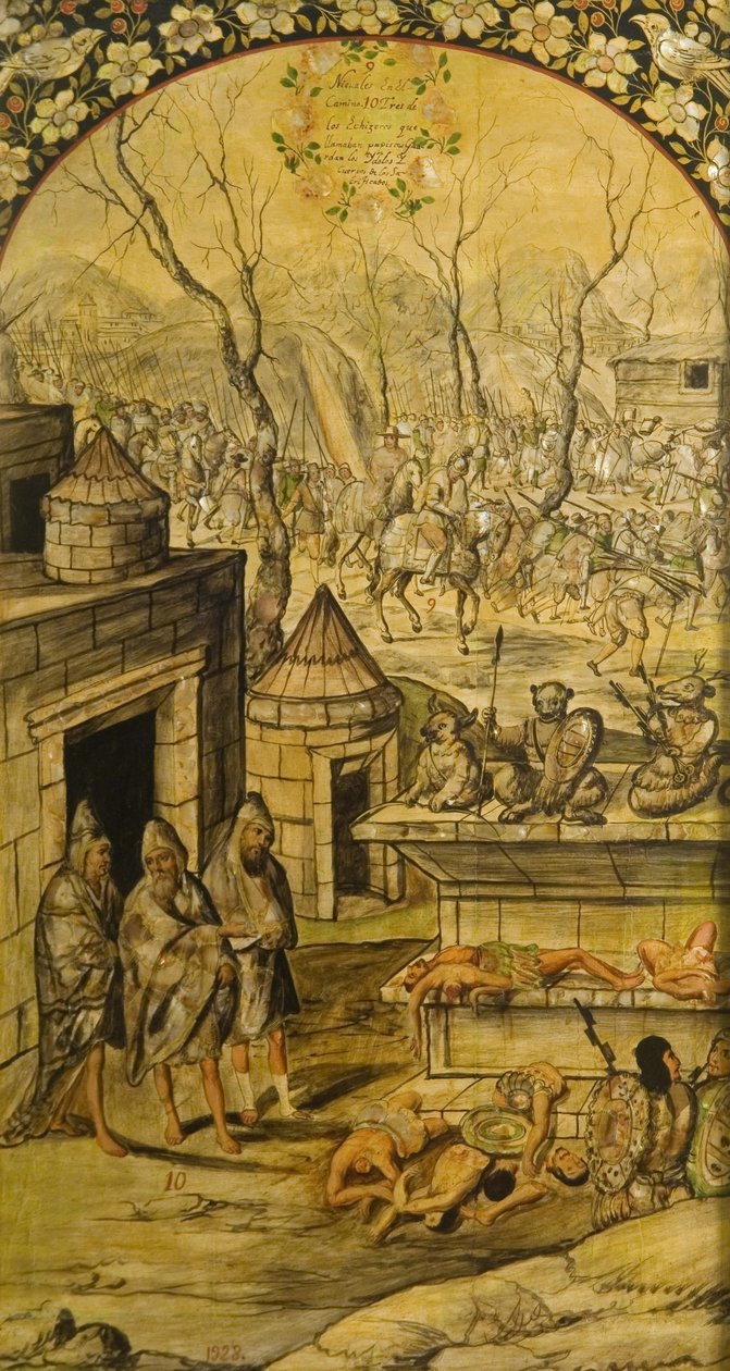 غزو المكسيك من قبل هرنان كورتيس بار غونزاليس وميغيل وخوان (نشط نهاية القرن السابع عشر). زيت على خشب ، مقاس: ٩٧ × ٥٣ بواسطة ميغيل وخوان جونزاليس
