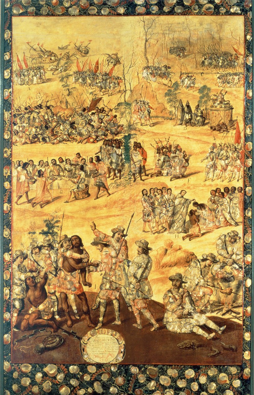 اللقاء بين هيرناندو كورتيس (1485-1547) ومونتيزوما (1466-1520) ، لوحة من غزو المكسيك بواسطة ميغيل وخوان جونزاليس