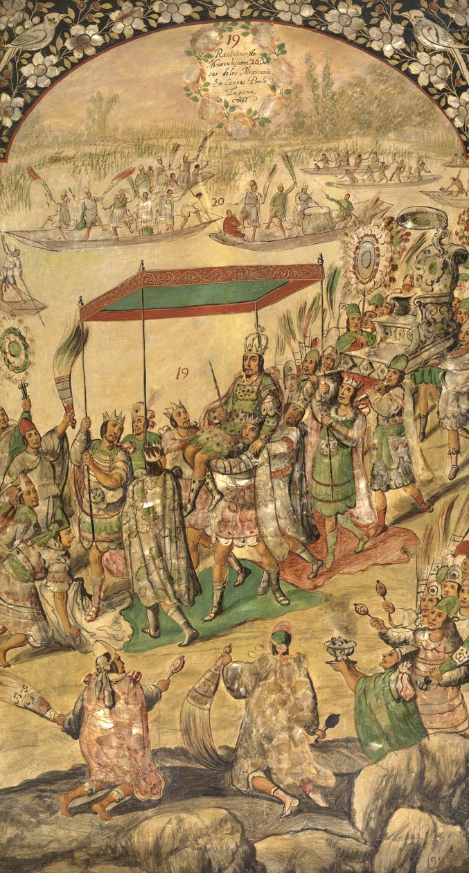 ترحيب مونتيزوما (Moctezuma ، Moteuczoma ، Motecuhzoma) (1466-1520) - غزو المكسيك من قبل Hernan Cortes par Gonzalez ، Miguel and Juan (نهاية القرن السابع عشر النشط). زيت على خشب ، مقاس: ٩٧ × ٥٣ بواسطة ميغيل وخوان جونزاليس