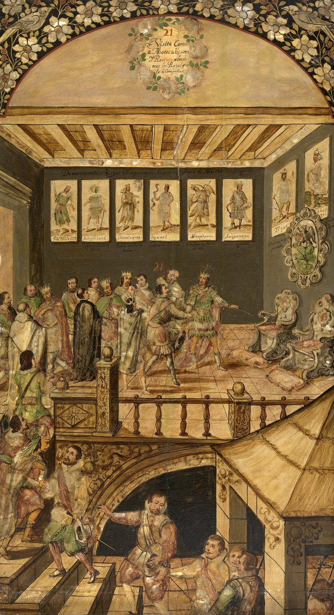 زيارة هرناندو كورتيس (1485-1547) لمونتيزوما (موكتيزوما ، موتوكزوما ، موتيكوهزوما) (1466-1520) عام 1520 - غزو المكسيك من قبل هرنان كورتيس بار جونزاليس ، ميغيل وخوان (نهاية القرن السابع عشر). زيت على خشب ، مقاس: ٩٧ × ٥٣ بواسطة ميغيل وخوان جونزاليس