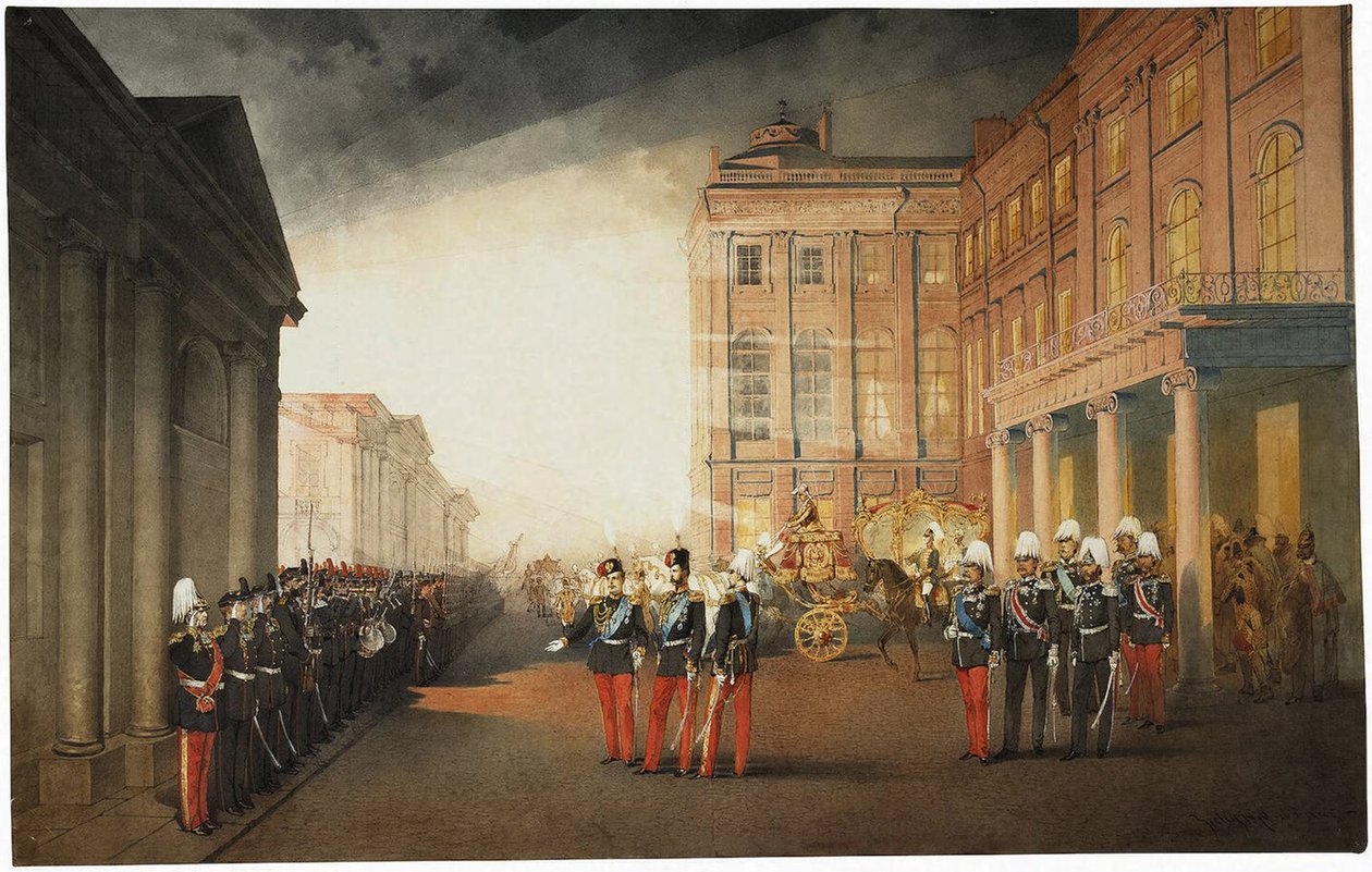 موكب أمام قصر أنيشكوف في 26 فبراير 1870 ، 1870 بواسطة Mihaly بواسطة Zichy
