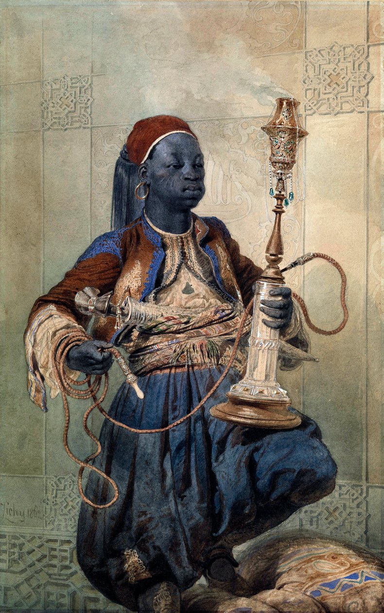 "Portrait de nubien a la pipe a eau" (النوبي مع النرجيلة) Aquarelle de Mihaly Zichy (1827-1906) 1862 Dim 49،5x31 cm Private Collection بواسطة Mihaly بواسطة Zichy
