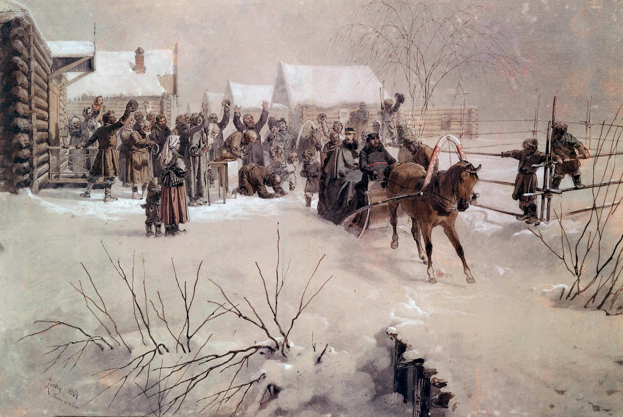 القيصر ألكسندر الثاني (1818-1881) في مزلقة يعبر قرية تحت الثلج لوحة مائية بقلم ميهالي فون زيتشي (1827-1906) سانت بطرسبرغ في القرن التاسع عشر ، شاتو دي بيترهوف بواسطة Mihaly بواسطة Zichy