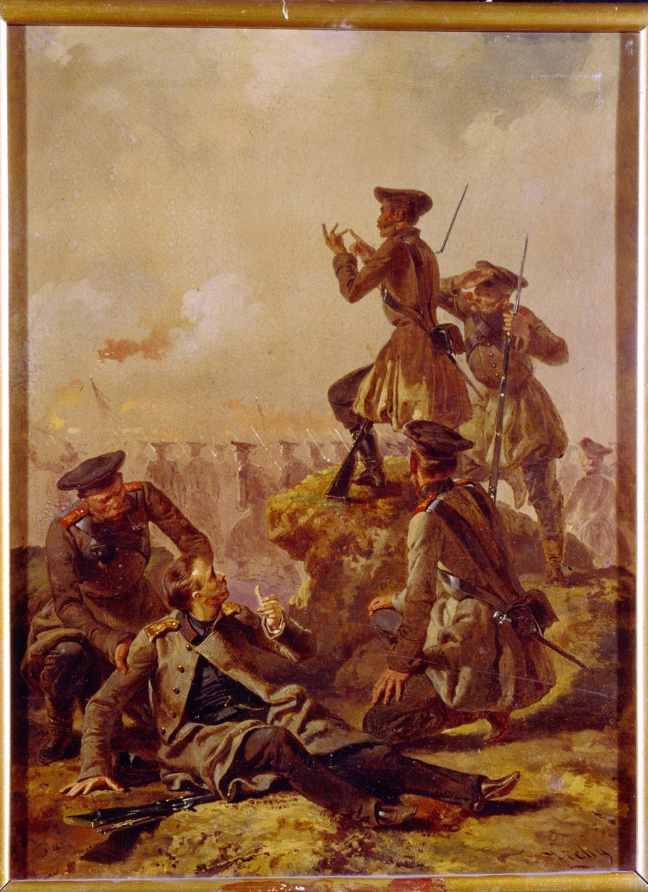 مشهد من حرب القرم (1853-1856). خلف خط القوات الأمامية ، يراقب الضباط ، أحدهم مصاب ، ساحة المعركة. لوحة لميهالي زيشي (1827-1906) ، زيت على قماش ، حوالي 1850. الفن الهنغاري بواسطة Mihaly بواسطة Zichy
