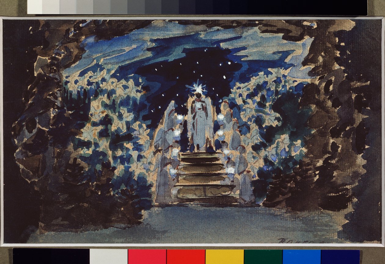 ديكور تحضيري لأوبرا "Hansel and Gretel" لـ Engelbert Humperdinck (1854-1921) (تصميم المسرح لأوبرا Hansel And Gretel) - Oeuvre de Mikhail Alexandrovich Vrubel (Vroubel) (1856-1910) ، قلم تلوين ، أكواريل وجواش على الورق بواسطة ميخائيل الكساندروفيتش فروبل