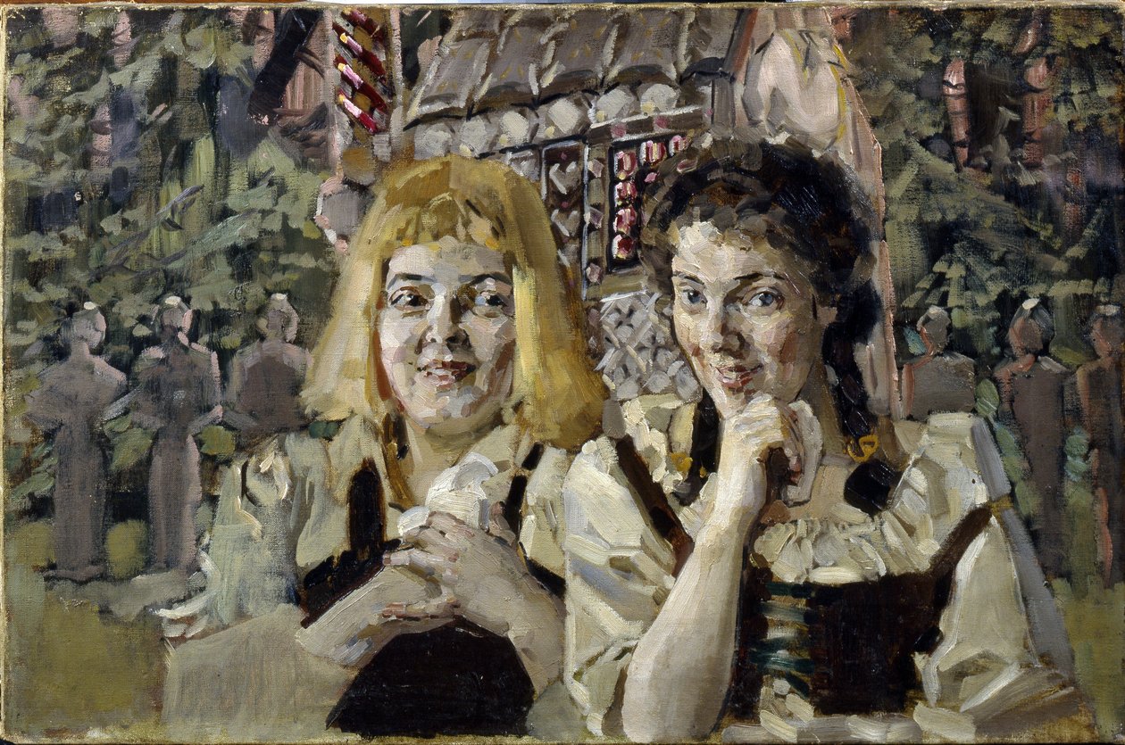 هانسيل وجريتل (هانسيل وجريتل). صور لطفلين من قصة الأخوين يعقوب (1785-1863) وويلهلم (1786-1859) جريم ، بعيون جشعة أمام بيت الحلوى. رسم ميخائيل الكسندروفيتش فروبل (فروبيل) (1856-1910) ، زيت على بواسطة ميخائيل الكساندروفيتش فروبل