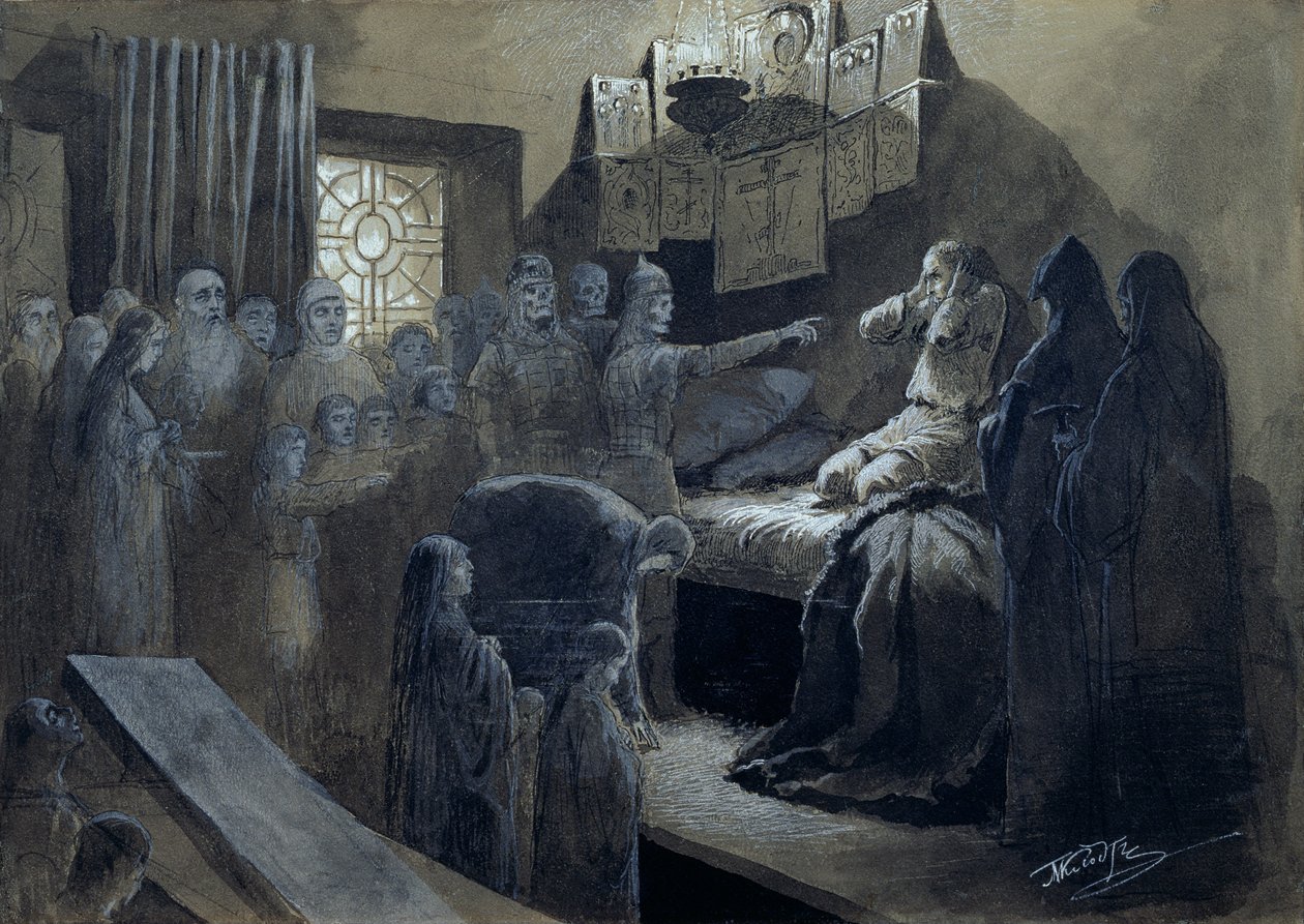 إيفان الرابع (1530-1584) الرهيب الذي زارته أشباح أولئك الذين قتلهم (قلم وحبر مع لون جسم على ورق) بواسطة ميخائيل كونستانتينوفيتش كلودت