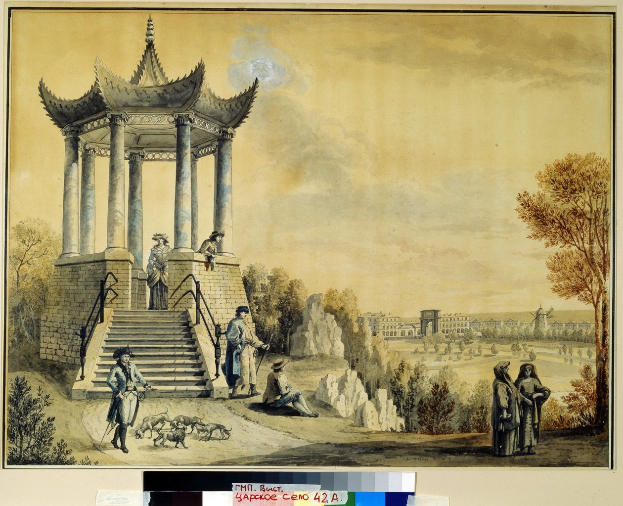 جناح جراند كابريس في حديقة كاثرين في تساركوي سيلو. عمل ميخائيل ماتفيفيتش إيفانوف (1758-1823) ، ألوان مائية وطباشير على ورق ، أواخر القرن الثامن عشر. الفن الروسي في القرن الثامن عشر. الإضافية بواسطة ميخائيل ماتفيفيتش إيفانوف