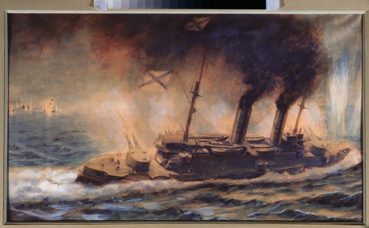 معركة خليج ريجا (لاتفيا) ، في أغسطس 1915 (معركة خليج ريغا في أغسطس 1915) - عمل ميخائيل ميخائيلوفيتش سيميونوف (1899-؟) ، لوحة مائية على الورق بواسطة ميخائيل ميخائيلوفيتش سيميونوف
