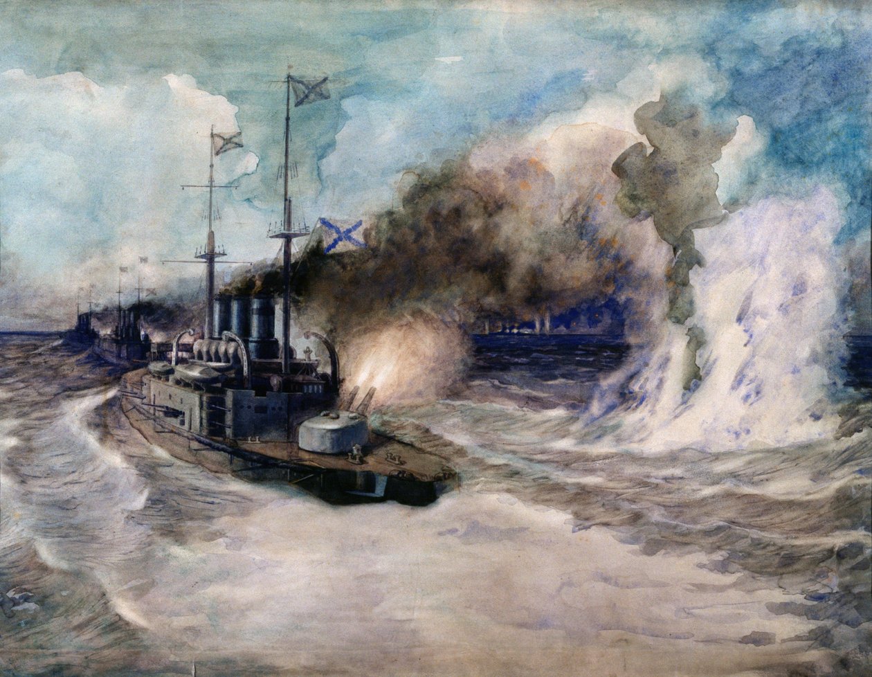 المعركة البحرية بين أسطول البحر الأسود والطراد الألماني المدرع Goeben في 5 نوفمبر 1914 - عمل فني لميخائيل ميخائيلوفيتش سيميونوف ( بواسطة ميخائيل ميخائيلوفيتش سيميونوف