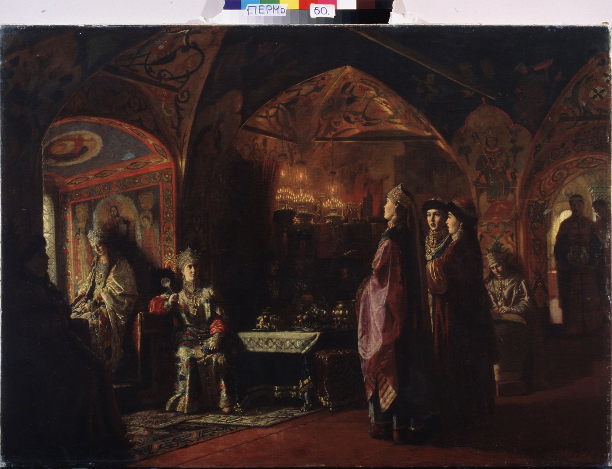 مسكن Tsarina (مسكن Tsarevna). تكوين حول موضوع روسيا القديمة ، الزي التقليدي والديكور لإمارة موسكو. لوحة للبارون ميخائيل بتروفيتش كلودت (1835-1914) ، زيت على قماش بواسطة ميخائيل بتروفيتش كلودت