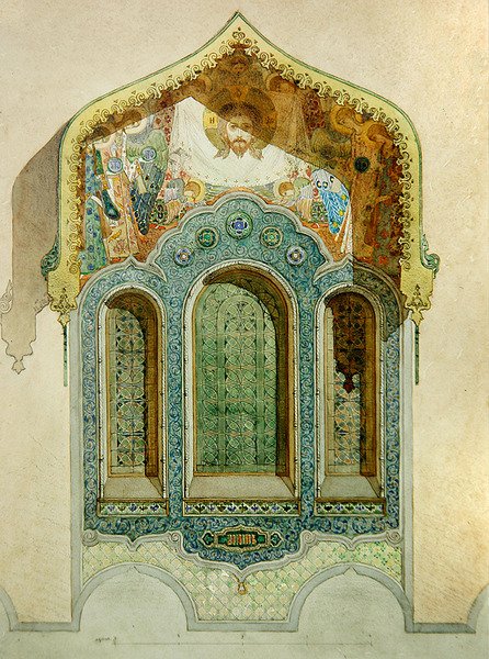 تصميم نافذة من بلاط السيراميك تحيط بالكنيسة الروسية في نيس بواسطة ميخائيل بريوبراجينسكي