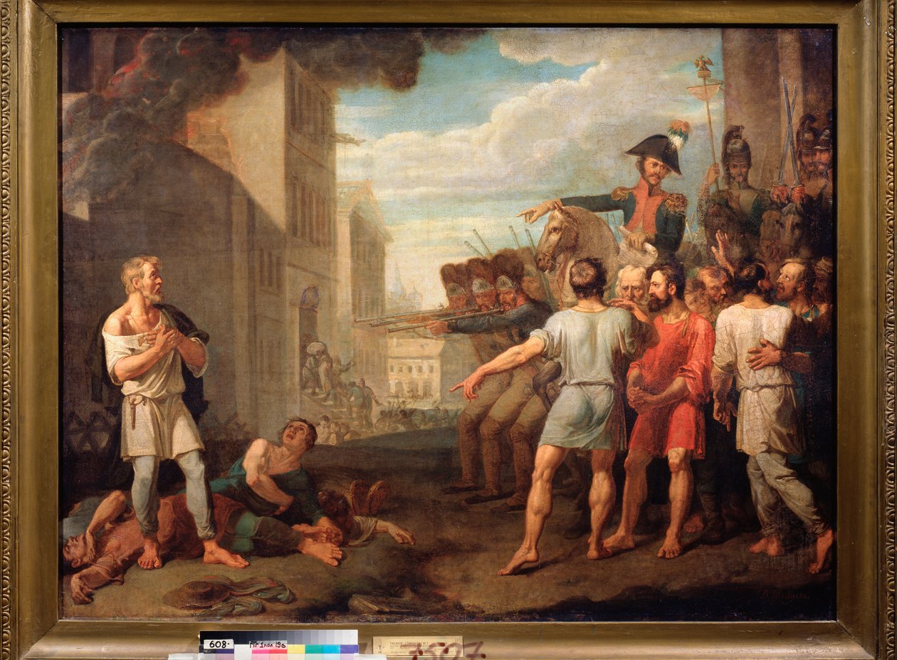 إعدام الجنود الفرنسيين للروس في عام 1812 (حلقة الحروب النابليونية ، الحملة الروسية) - رسم ميخائيل تيخونوف (1789-1862) ، زيت على قماش بواسطة ميخائيل تيخونوف