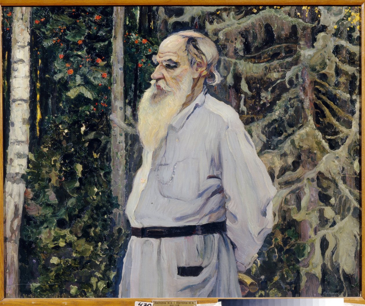 صورة للكاتب ليون ن. تولستوي (1828-1910) (صورة للمؤلف ليو ن. تولستوي). لوحة لميخائيل فاسيليفيتش نيستيروف (1862-1942) ، زيت على قماش بواسطة ميخائيل فاسيليفيتش نيستيروف