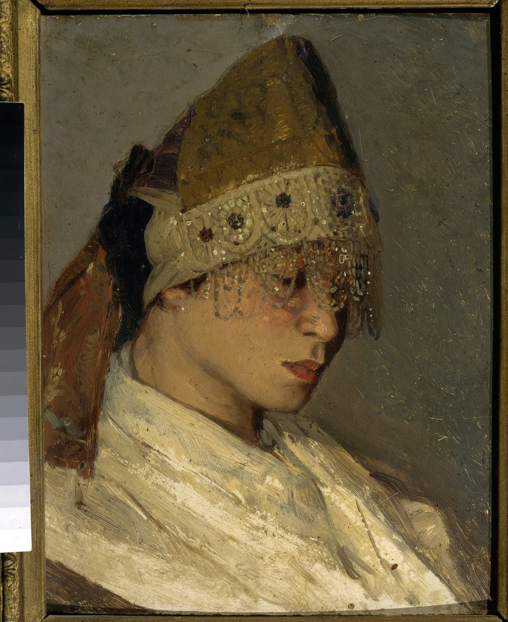 فتاة ترتدي Kokochnik (A Girl With Kokoshnik). غطاء رأس تقليدي مرتفع للنساء الروسيات ، مربوط من الخلف بشرائط ، الجزء الأمامي مزين بالخرز والتطريز. لوحة لميخائيل فاسيليفيتش نيستيروف (1862-1942) ، زيت على خشب بواسطة ميخائيل فاسيليفيتش نيستيروف