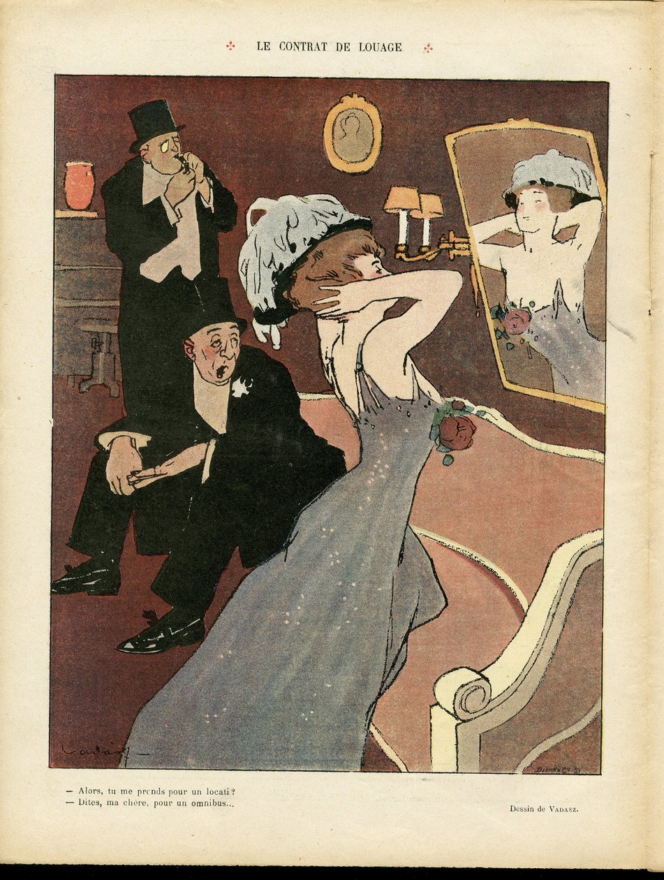 رسم توضيحي لميكلوس فاداسز (1884-1927) في Le Rire ، 07/03/08 - عقد الاستئجار - الدعارة ، العمارة الداخلية بواسطة ميكلوس فاداس