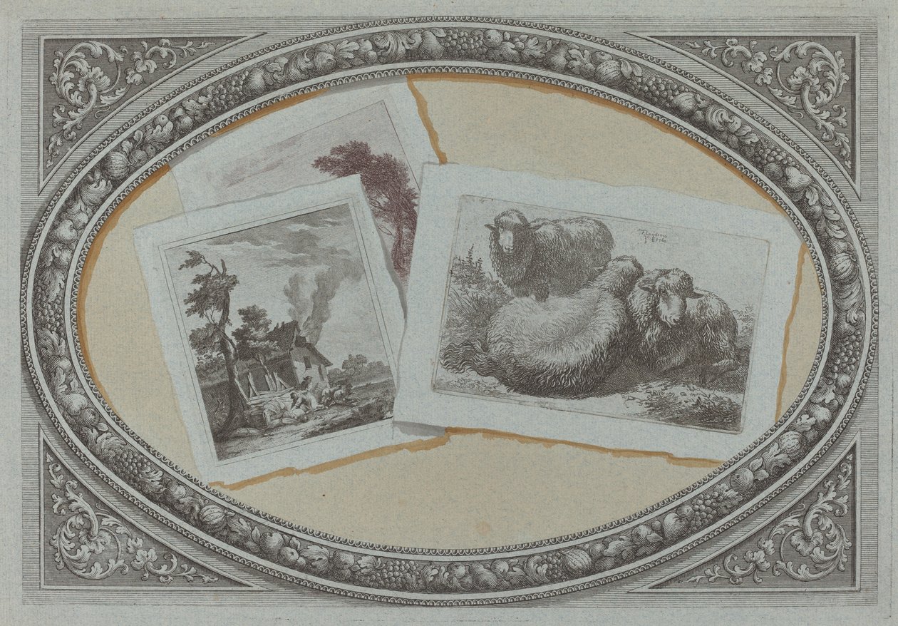 Trompe l'Oeil: المناظر الطبيعية والأغنام ، باستخدام الألواح النحاسية الأصلية بواسطة ميلانو القرن الثامن عشر ، وفرانشيسكو لندنيو