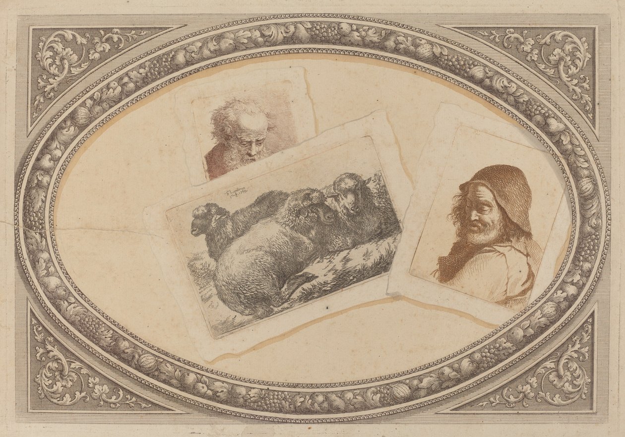 Trompe l'Oeil: مطبوعات مع الرجال والأغنام ، باستخدام ألواح النحاس الأصلية بواسطة ميلانو القرن الثامن عشر وفرانشيسكو لندنيو