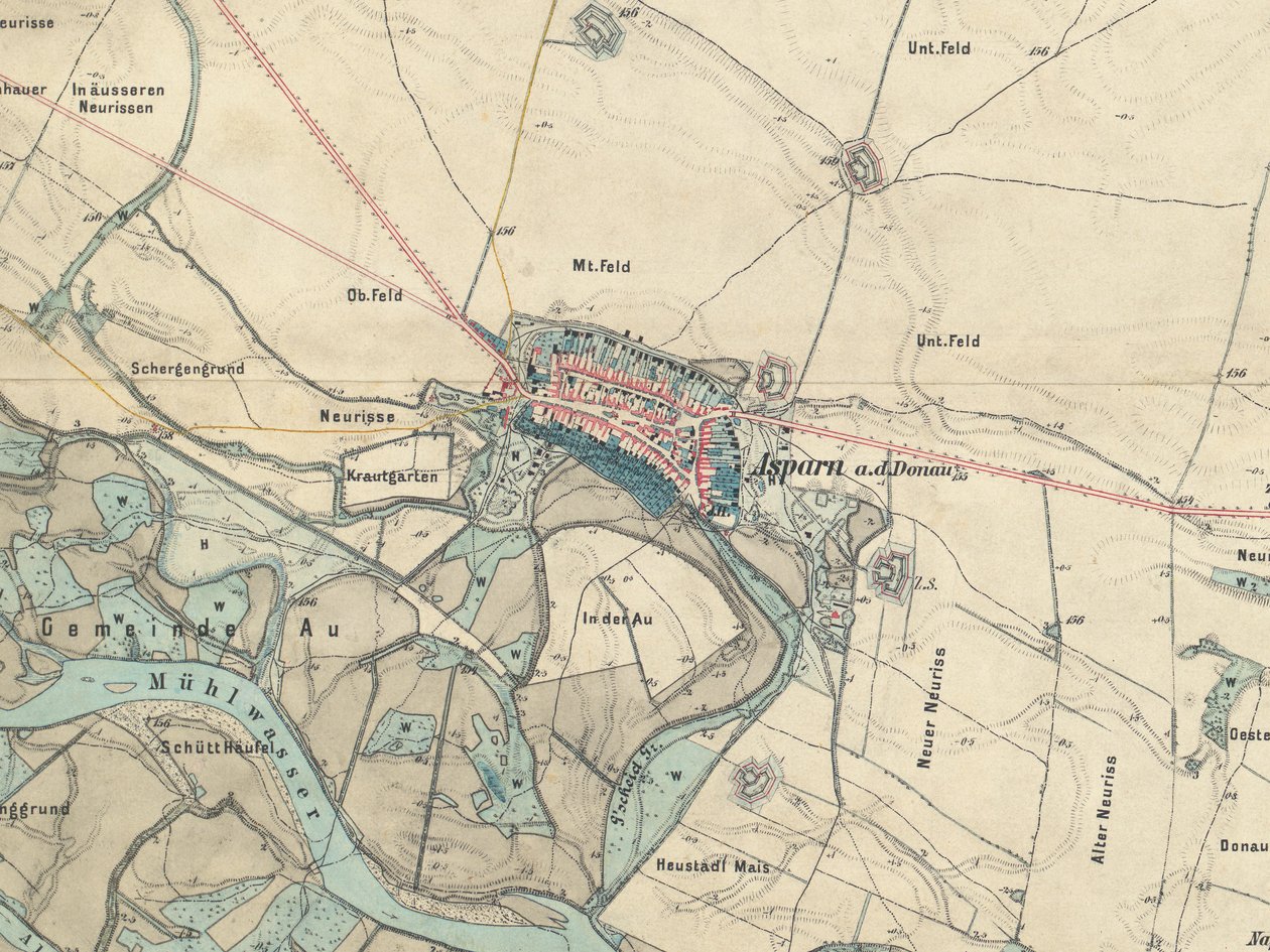 خريطة Aspern بالقرب من فيينا ، 1873 بواسطة المعهد الجغرافي العسكري الملكية المجرية النمساوية