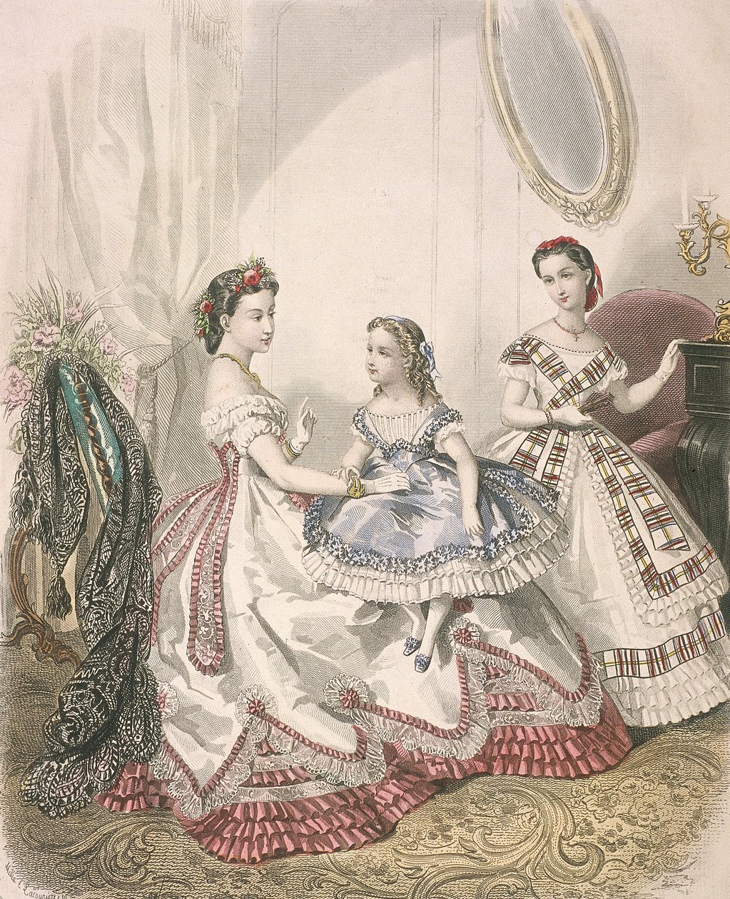 امرأتان وفتاة صغيرة ترتدي أحدث أزياء الأماكن المغلقة ، c1860 بواسطة ميليا لاكوريير
