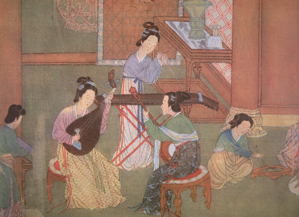 Chinese lute, moon guitar and table zither (painting on silk) بواسطة مدرسة اسرة مينج الصينية