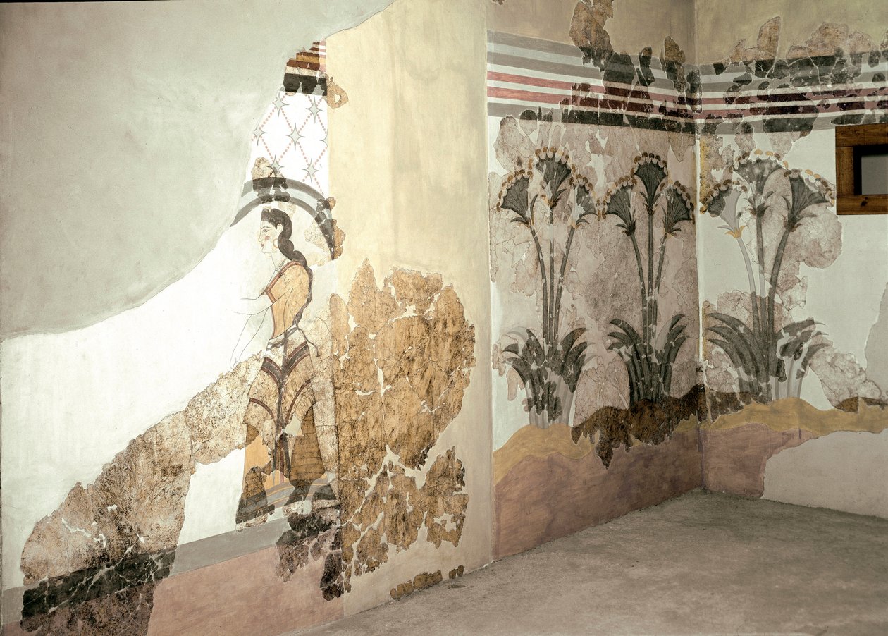 Minoan Art: "The Woman with Lys" فريسكو من أكروتيري في سانتوريني. القرن السادس عشر قبل الميلاد. أثينا ، المتحف الأثري الوطني بواسطة مينوان
