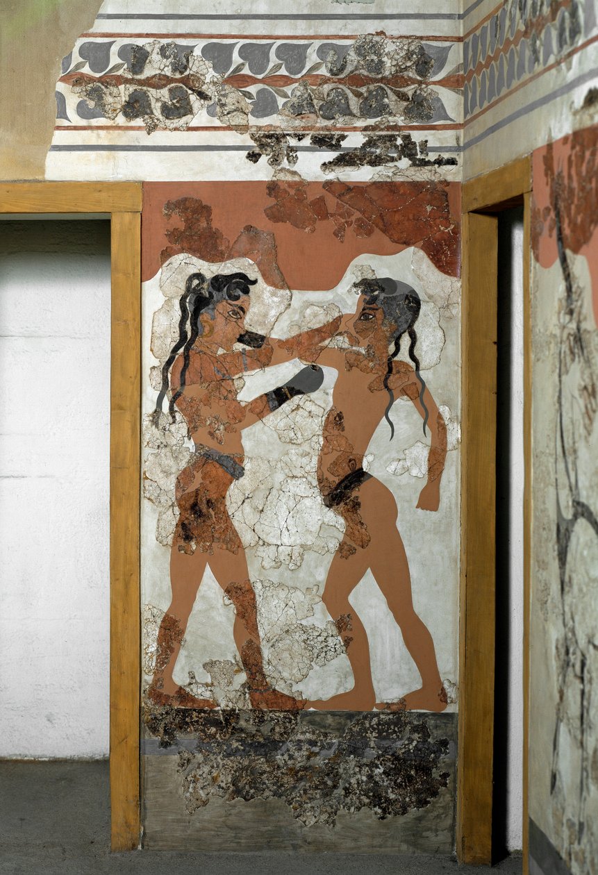 Minoan Art: "" القتال بين ملاكمين "" "فريسكو من أكروتيري إلى سانتوريني. القرن السادس عشر قبل الميلاد. أثينا ، المتحف الأثري الوطني بواسطة مينوان