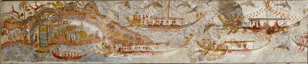 Minoan Art: "" رحلة استكشافية بحرية "" فريسكو من أكروتيري إلى سانتوريني. القرن السادس عشر قبل الميلاد. أثينا ، المتحف الأثري الوطني بواسطة مينوان