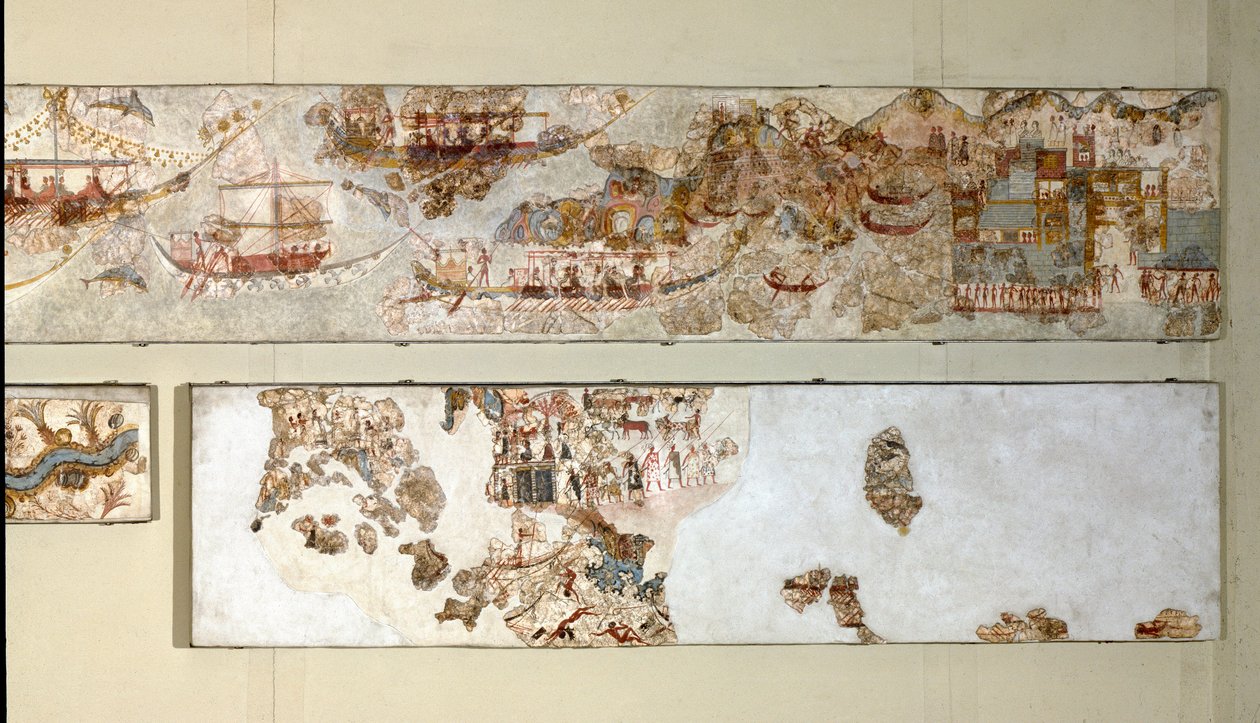 Minoan Art: "" رحلة استكشافية بحرية "" فريسكو من أكروتيري إلى سانتوريني. القرن السادس عشر قبل الميلاد. أثينا ، المتحف الأثري الوطني بواسطة مينوان