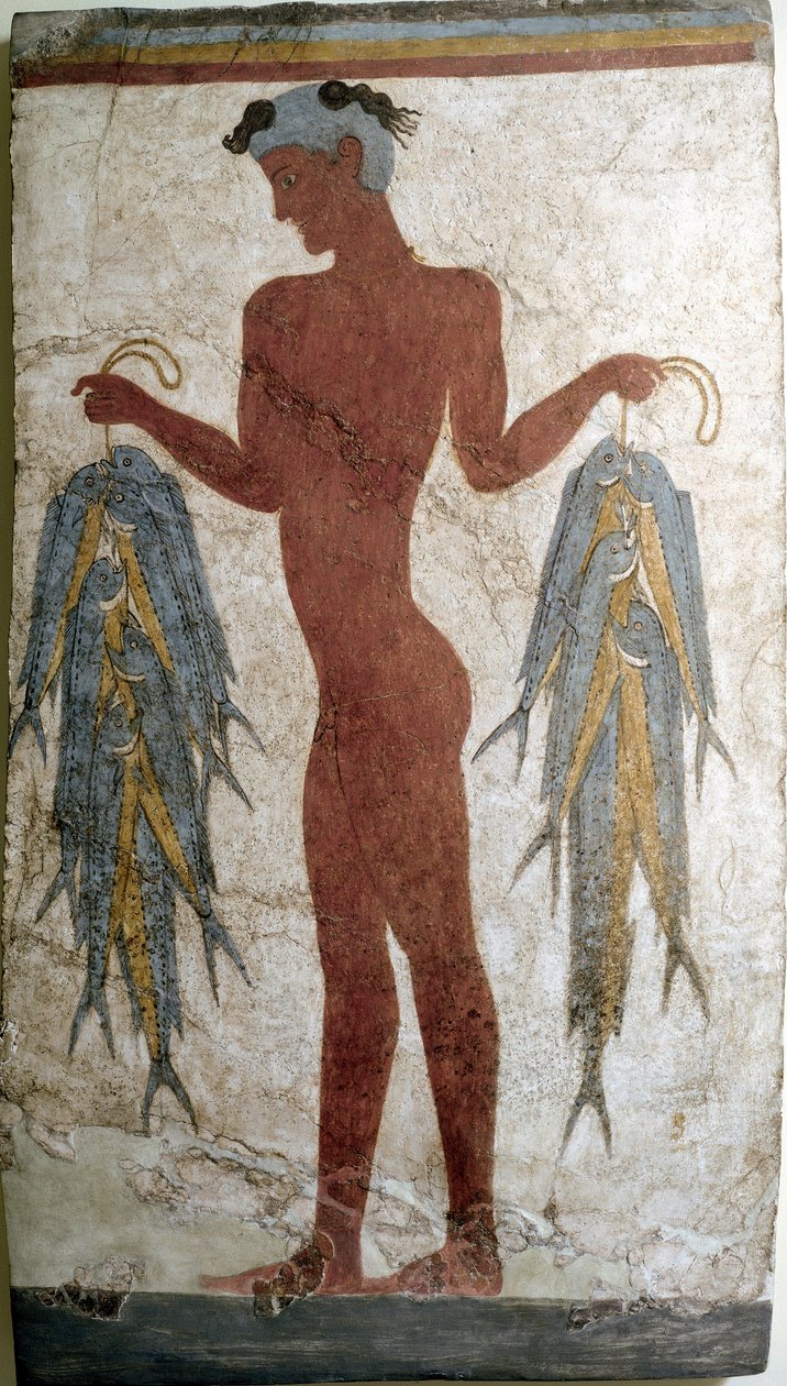 Minoan Art: "" pecheur "" فريسكو من أكروتيري إلى سانتوريني. القرن السادس عشر قبل الميلاد. أثينا ، المتحف الأثري الوطني بواسطة مينوان