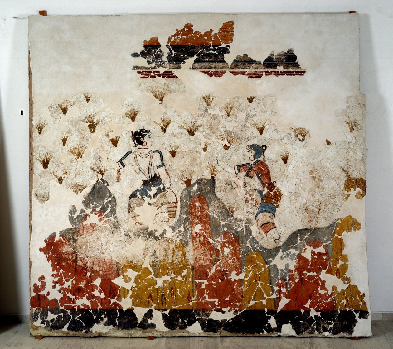الحضارة المينوية: نساء قطف الزعفران. لوحة جدارية من حوض Lustral في Xeste 3 في أكروتيري (ثيرا) ، سانتوريني. خافت. 244x266 سم من القرن السادس عشر قبل الميلاد ، سانتوريني ، مجموعة اللوحات الجدارية لأكروتيري أ ثيرا بواسطة مينوان