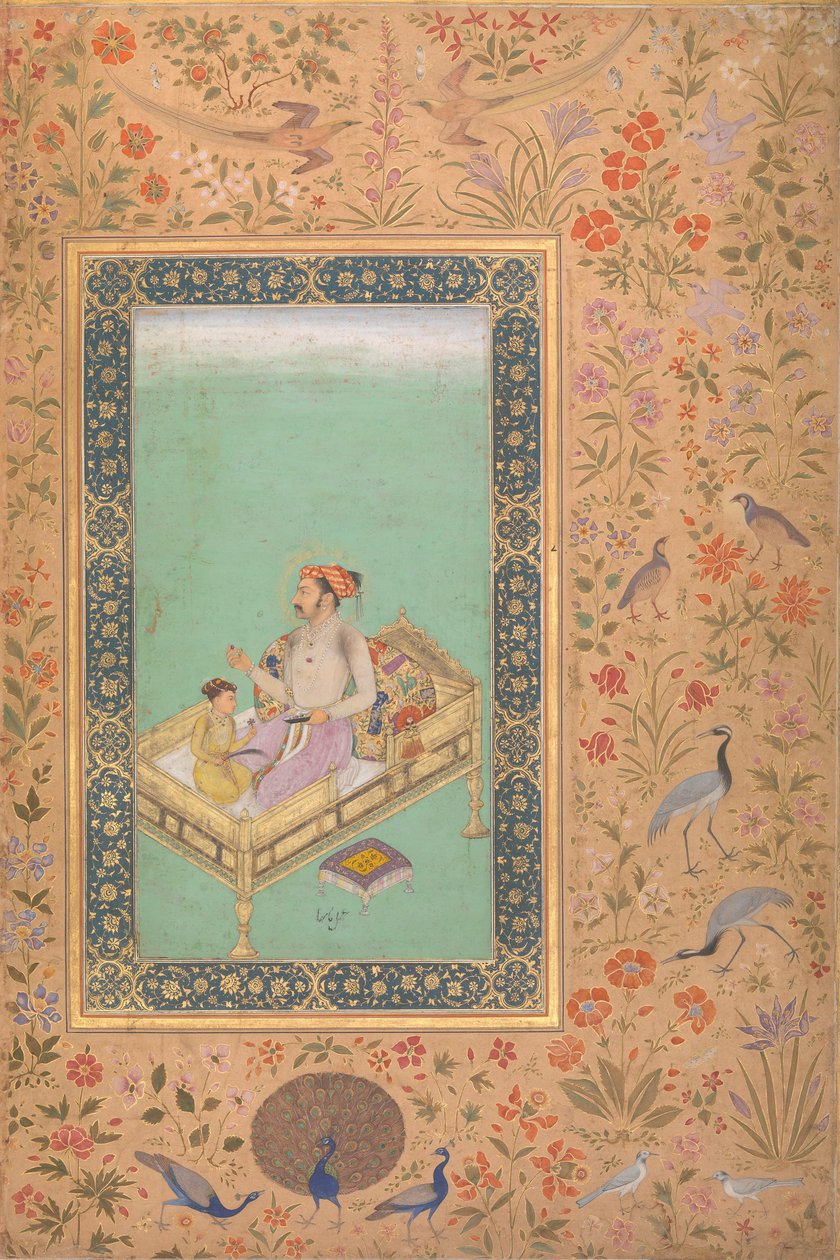 الإمبراطور شاه جيهان مع ابنه دارا شيكوه ، فوليو من ألبوم شاه جهان ، ظهر: حوالي 1620 بواسطة أنا علي حرافي