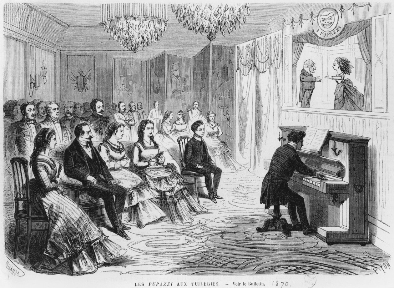 عرض الدمى I Pupazzi يؤدي أمام الإمبراطور نابليون الثالث (1808-73) الإمبراطورة أوجيني (1826-1920) والأمير يوجين لويس نابليون بونابرت (1856-1879) في التويلري ، نقشها إدموند يو بواسطة ميراندا