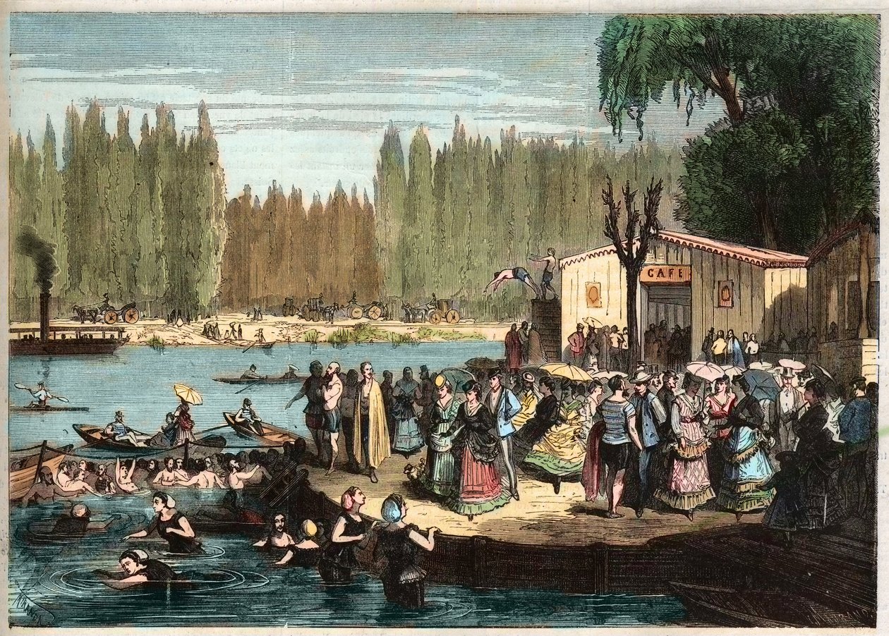 السباحة في La Grenouillere ، خارج باريس مباشرة - La Grenouillere في Croissy-sur-Seine في عام 1869 - بعد ميراندا بواسطة ميراندا ميراندا