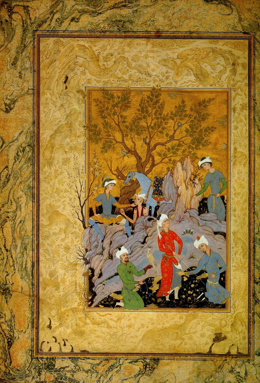 "حفلة أميركية هوكينغ في الجبال" ، 1575. بواسطة ميرزا علي