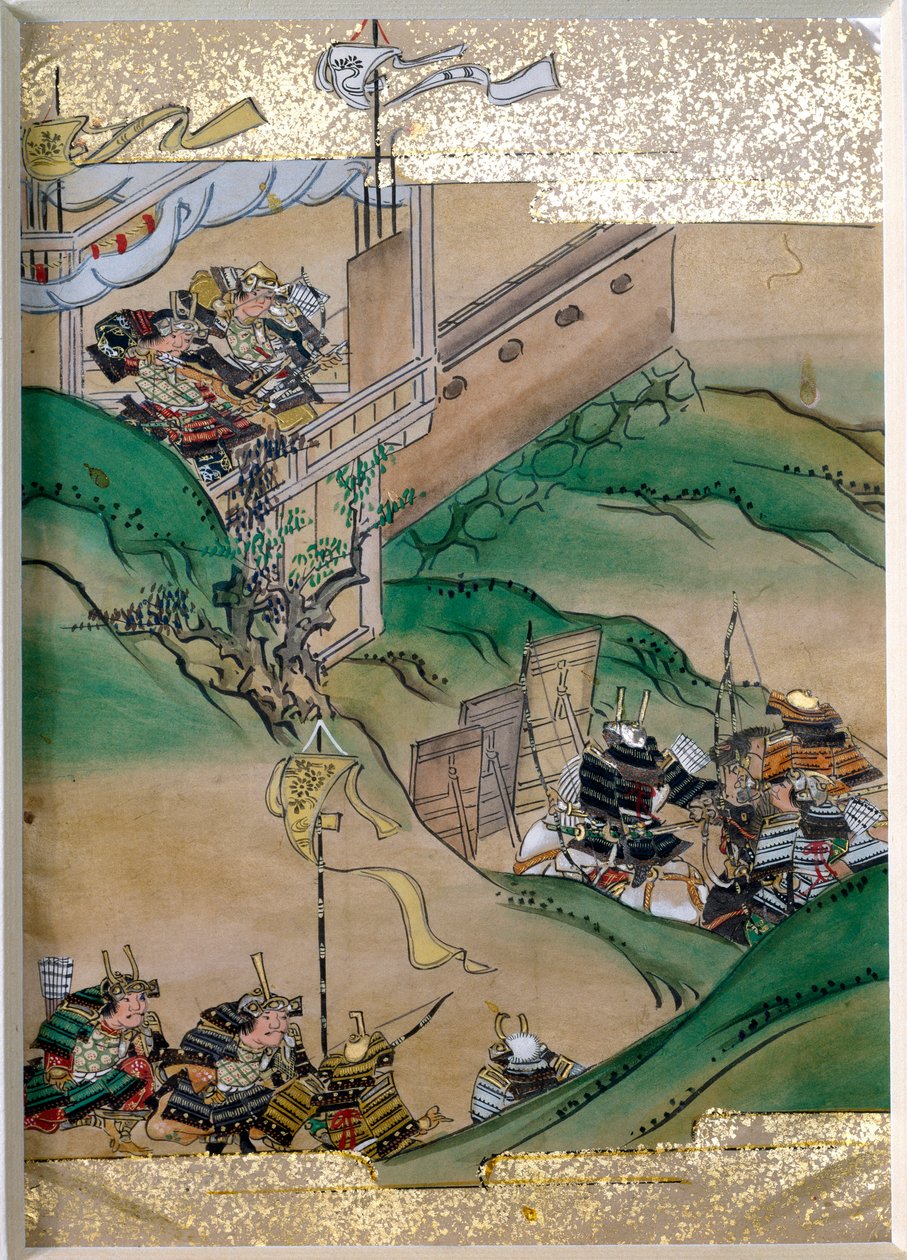 حلقة الكفاح الإمبراطوري في اليابان (1308-1368). صورة مصغرة لمدرسة توسا (القرن السابع عشر) بأوراق ذهبية وأم لؤلؤة المحار. مجموعة خاصة بواسطة ميتسوهيرو (بعد) توسا
