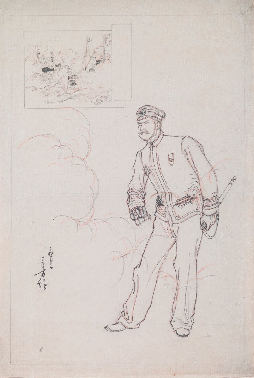 رسم تحضيري لطباعة خشبية تصور ضابطًا بحريًا يابانيًا أثناء الحرب الصينية اليابانية بواسطة ميزونو توشيكاتا