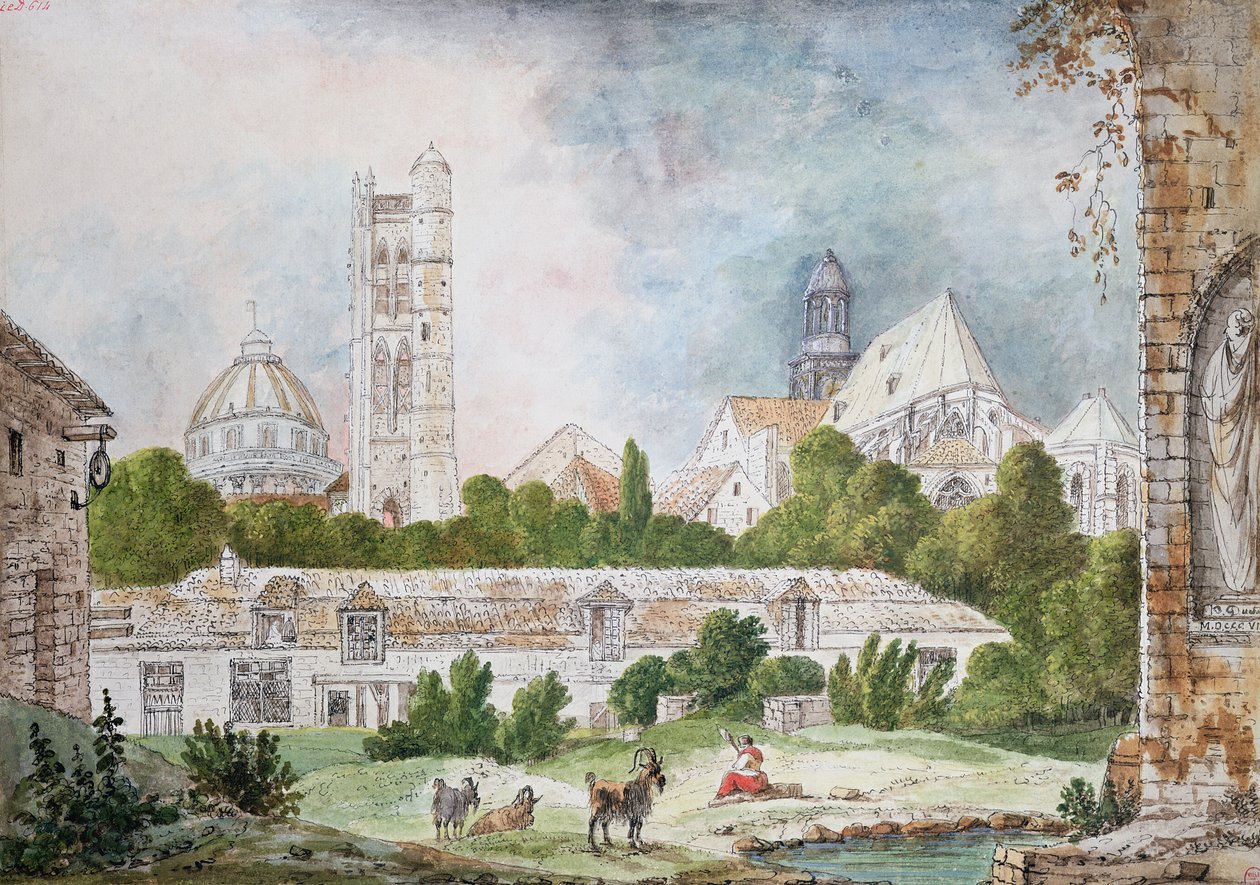 الكنيسة الجديدة في Sainte-Genevieve و Saint-Etienne-du-Mont Seen من أنقاض دير Sainte-Genevieve في باريس ، 1807 (مرحاض وحبر على ورق) بواسطة السيدة دوكاتو